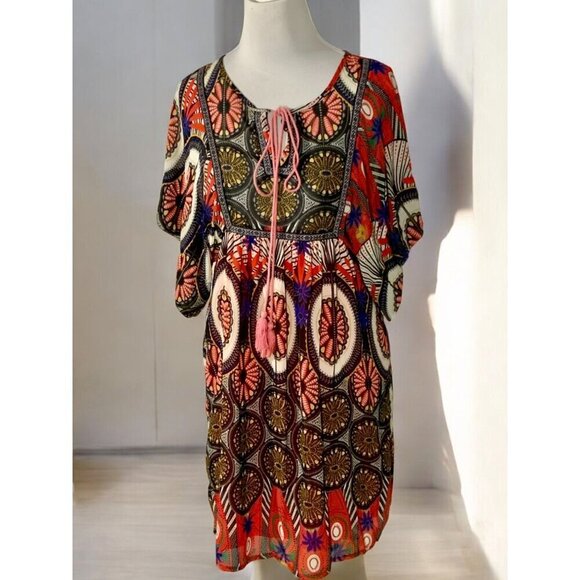 Ya Los Angeles Womens Multicolor Boho Geometric Kaftan Keyhole Mini Dress Medium - Picture 10 of 12